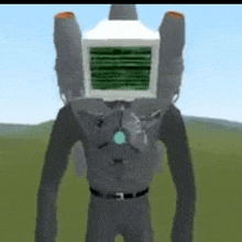 a robot with a monitor on its head is standing in a field .