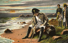 a painting of a man sitting on a rock with a cane