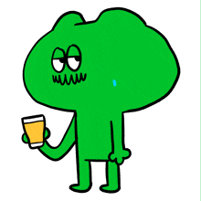 a green cartoon character is holding a glass of orange juice in his hand