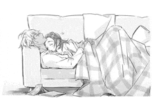 a black and white drawing of a man and a woman sleeping on a couch .