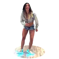 a woman in a crop top and shorts is dancing in a circle