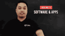 a man stands in front of a blackboard with the words idea no 5 software & apps