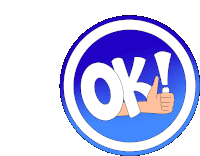 a blue circle with the word ok and a thumbs up