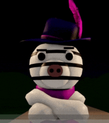 a zebra wearing a purple hat and a pink scarf is sitting with his arms crossed