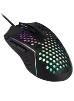 a black computer mouse with a honeycomb design and a rainbow light on it .