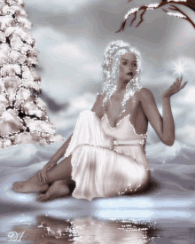 a woman in a white dress is sitting in the snow holding a star