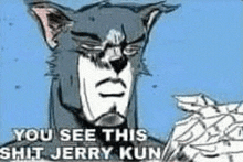 a drawing of a cat with the words `` you see this shit jerry kun '' .