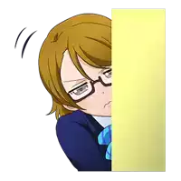 a girl with glasses is peeking out from behind a wall