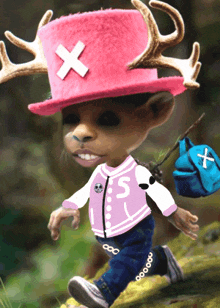 a cartoon character with antlers wearing a pink hat and a purple jacket with the letter s on it