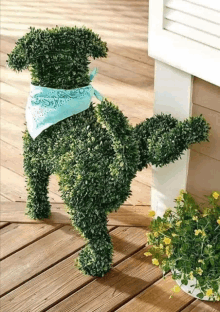 a topiary of a dog wearing a bandana is standing on a wooden deck