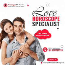 an advertisement for a love horoscope specialist shows a man and woman hugging each other