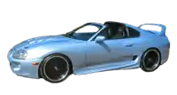 a light blue sports car with black wheels and a black seat