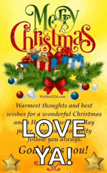 a yellow christmas card with the words merry christmas warmest thoughts and best wishes for a wonderful christmas