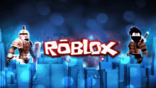 a roblox logo with a knight and ninja on a blue background