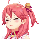 a close up of a pink haired anime girl with her eyes closed and a bow in her hair .