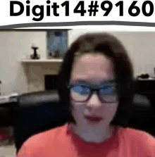 a woman wearing glasses and a red shirt with the number digit14 # 9160 on the bottom