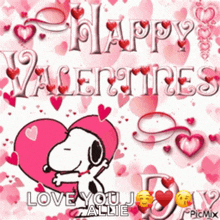 a picture of snoopy hugging a pink heart that says happy valentine 's day