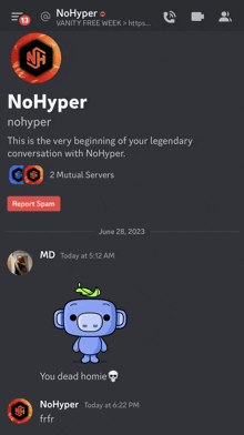 a screenshot of a discord conversation between nohyper and md