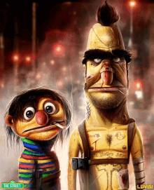 two sesame street characters are standing next to each other and one has a tattoo on his chest