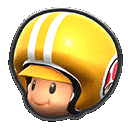 a cartoon character wearing a yellow helmet with white stripes and a visor .