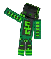 a minecraft character is wearing a green and black outfit with a green and black stripe on the sleeves .