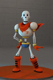 a cartoon skeleton with orange boots and a scarf