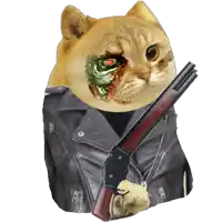 a cat wearing a leather jacket and holding a gun