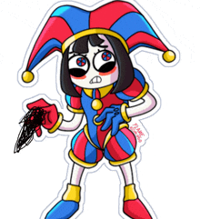 a cartoon drawing of a girl in a jester costume with a sticker that says " tzme izzardo "