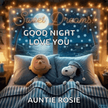 a picture of snoopy and charlie brown in bed with the words good night love you