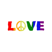 the word love is written in rainbow colored letters with a peace sign in the middle