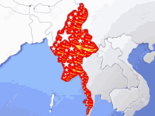 a map of myanmar with the flag of myanmar painted on it