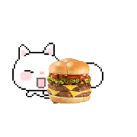 a pixel art drawing of a hamburger and a cat