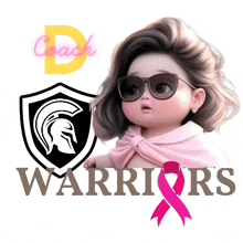 a little girl wearing sunglasses stands in front of a logo for coach d and warriors