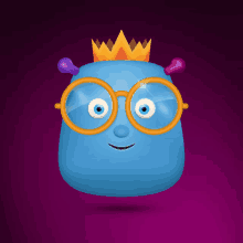 a blue monster wearing glasses and a crown