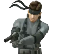 a video game character is holding a gun and wearing a headband with snake on it