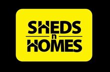 the logo for sheds n homes is yellow and black and looks like a star wars logo .