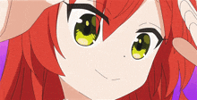 a close up of a red haired anime character with green eyes