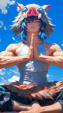 a man with blue hair and a pig hat is meditating