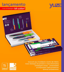 an advertisement for a knife set with a purple box