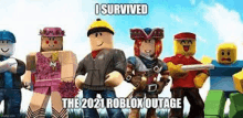 a group of roblox characters are standing next to each other on a field .