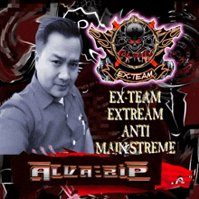 a man is standing in front of a logo for ex-team extrem anti mainstream