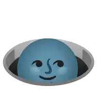 a blue ball with a face on it is sticking out of a hole