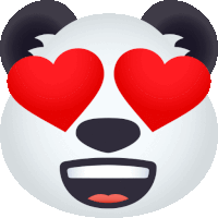 a panda bear with red heart shaped eyes