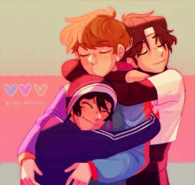 a drawing of three boys hugging each other with the name goopy on the bottom right