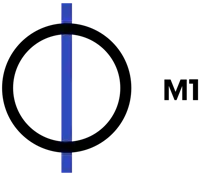 a black circle with a blue line in the middle and m1 written below it