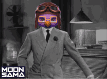 a man in a suit and tie with a purple helmet and goggles on his face