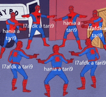 a group of spider-man pointing at each other with the words hania a tari9 below them