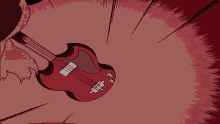 a cartoon drawing of a person holding a guitar with a red background