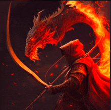 a man in a red cape is standing in front of a fire dragon