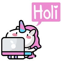 a unicorn is sitting at a desk with a laptop and a speech bubble that says holi